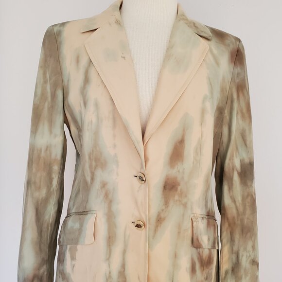 Escada silk cotton blazer jacket beige tan brown blue green gray camo small 6 8